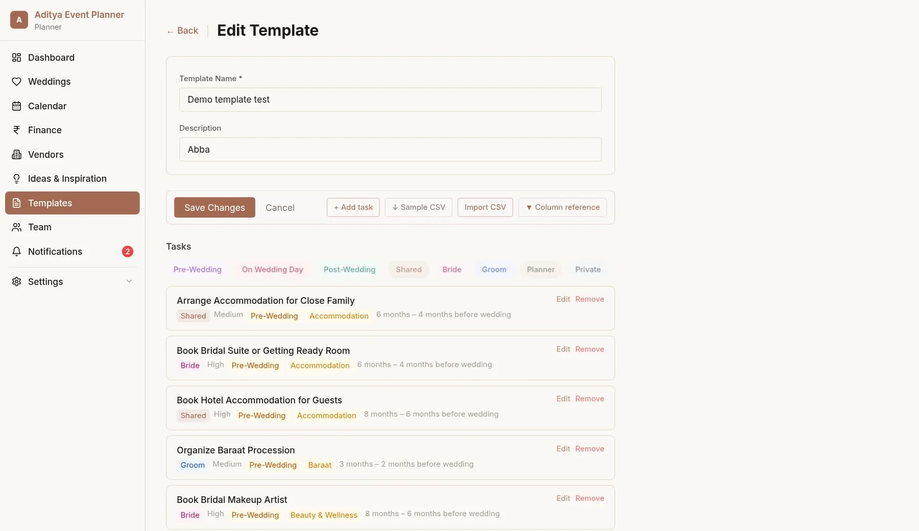 Editing a reusable wedding template: tasks like Arrange Accommodation and Organize Baraat Procession, each tagged by workspace and category with relative lead times such as 6 months to 4 months before the wedding