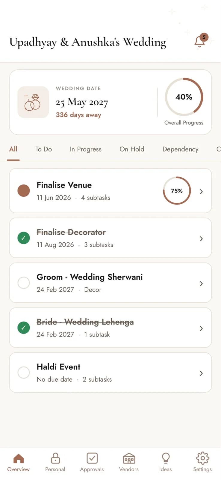 The All Things Wed client app showing Upadhyay & Anushka's wedding - 25 May 2027, 40% overall progress, and a live task list including Finalise Venue and Haldi Event