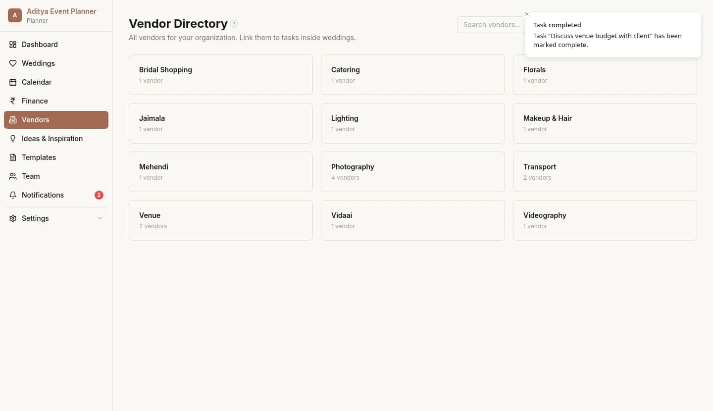 All Things Wed vendor management screen showing vendors linked to a wedding with contact details, advance paid and balance due